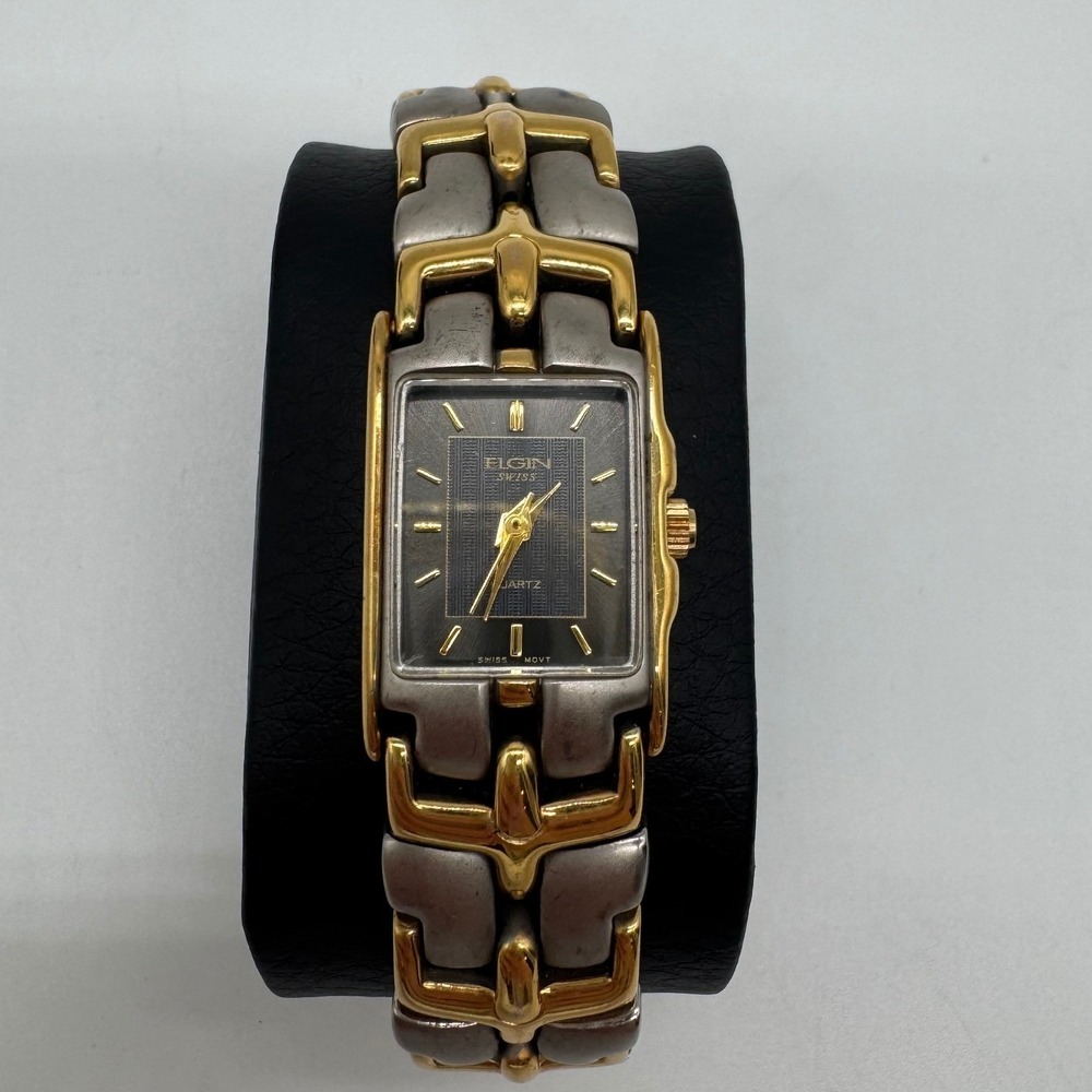 Elgin Swiss Two Tone Watch Womens Black Dial Rectangular ELS149-040 New Battery